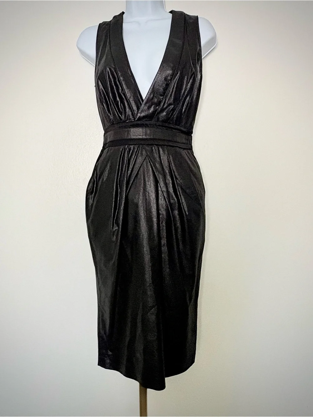 Just Cavalli Coated Black Plunge V-Neck Dress IT 42 US 6 Animal Print Lining EUC
